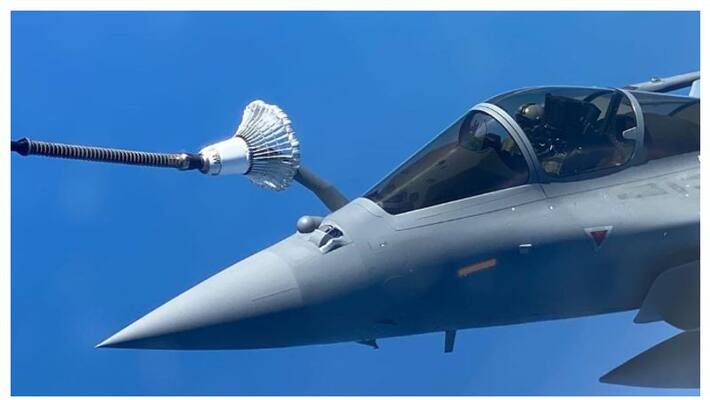 Rafale fighter jets being refuelled mid air on their way to Ambala from France BSS Rafale fighter jets being refuelled mid air on their way to Ambala from France BSS
