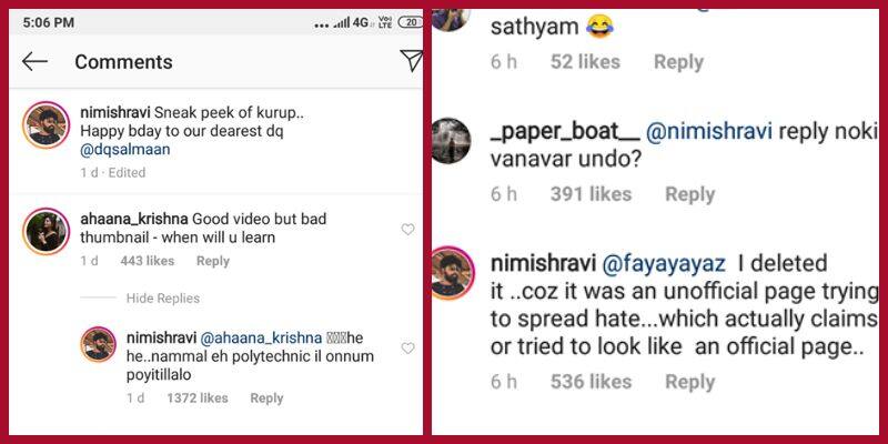 kurup movie team clarifies the comment ahaana krishna got in instagram