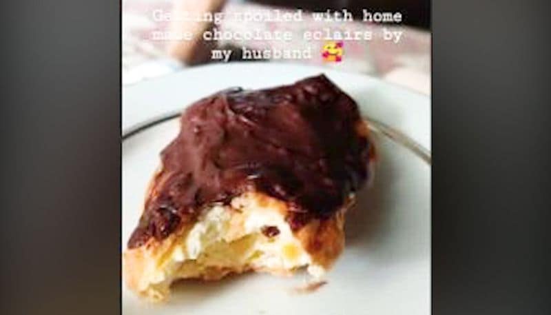 She shared a picture of homemade chocolate which looks utterly yummy, made by her husband and wrote "Getting spoiled with homemade chocolate eclairs by my husband."
