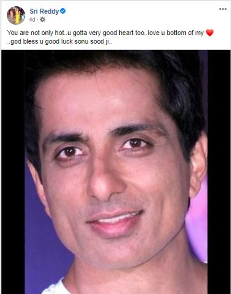 Sri Reddy intresting comments on actor Sonu sood