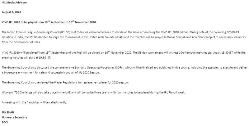 IPL 2020 UAE September 19 to November 10 here is full BCCI statement match start times