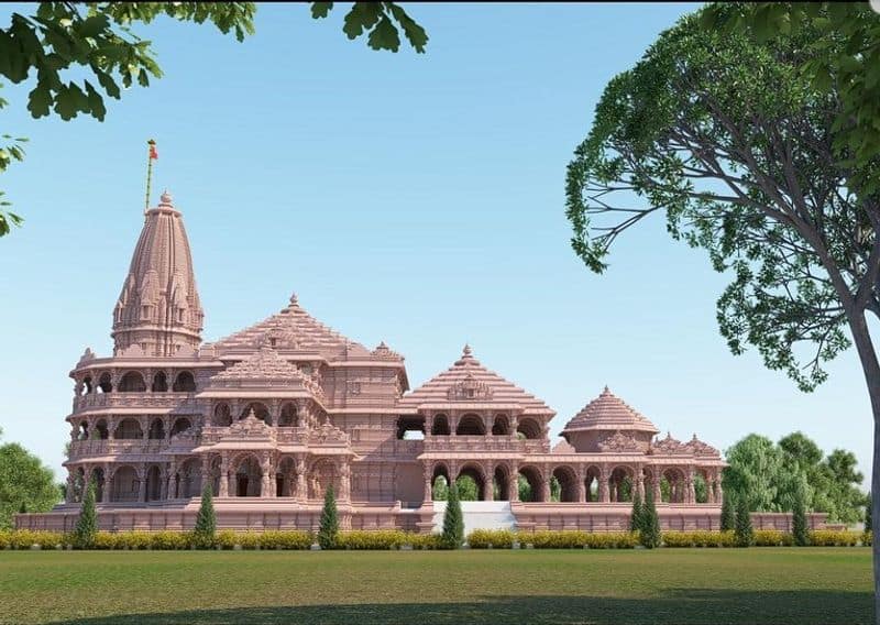 The temple will be 161 feet tall and almost double the size of what was originally planned. The images display a grand three-storey stone structure on a raised platform with multiple turrets, pillars and domes