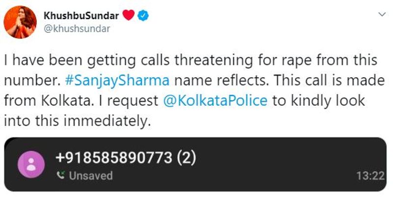 Khushbu complaints on her threats to West Bengal cm and police