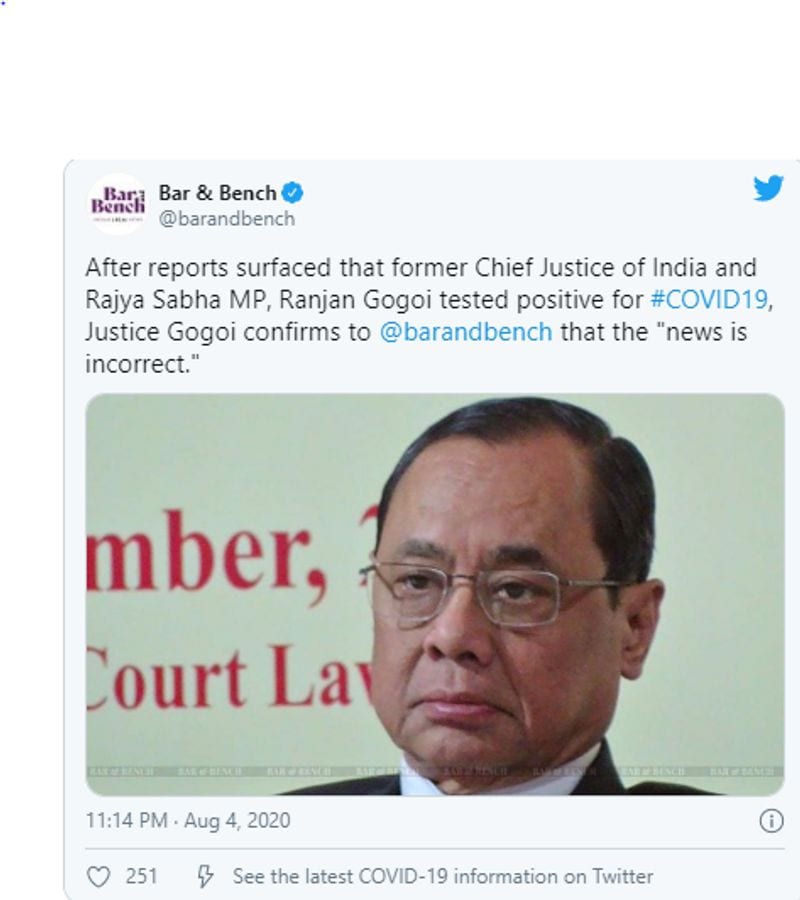 former cji ranjan gogoi denies reports of testing positive for covid 19 kpt