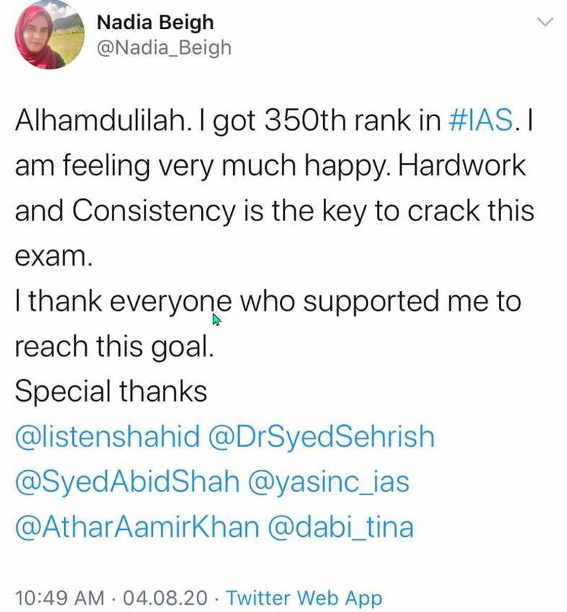 nadia beig fake twitter account ias nadia beig cleared upsc exam 2019 kpt