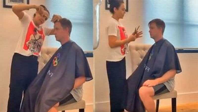 Preity Zinta cuts husband gene goodenough hair professionaly