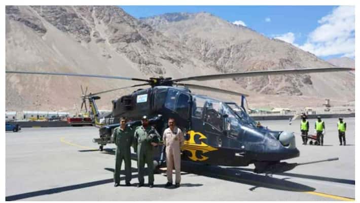 Two light combat helicopters developed by HAL deployed in Ladakh for high altitude IAF operations BSS Two light combat helicopters developed by HAL deployed in Ladakh for high altitude IAF operations BSS
