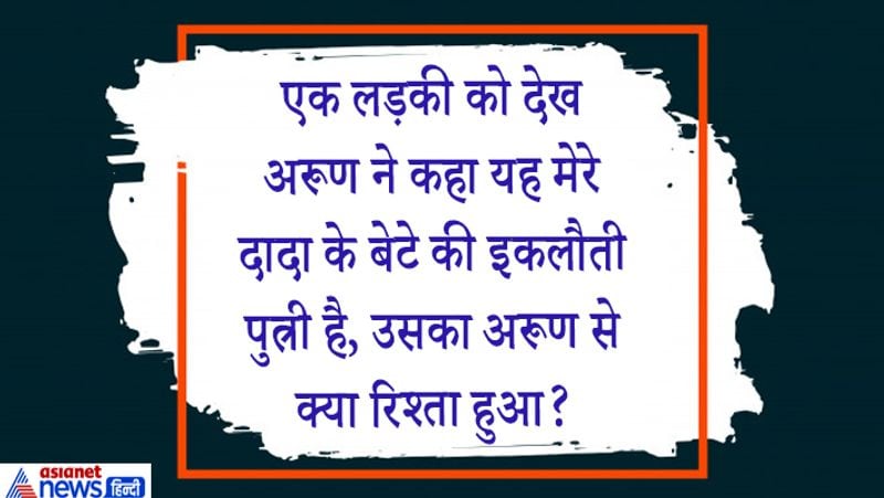 सवाल. एक लड़की को देख अरूण ने कहा- वह मेरे दादा के बेटे की इकलौती बेटी है, उसका अरूण से क्या रिश्ता हुआ?
जवाब. वह लड़की अरूण की बहन है