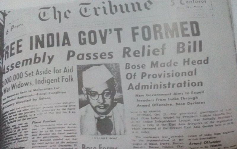 1943 ല് സ്വതന്ത്ര ഇന്ത്യയ്ക്കായി നേതാജി സുഭാഷ് ചന്ദ്രബോസ് താൽക്കാലിക സർക്കാർ രൂപീകരിക്കുന്നുവെന്ന വാര്ത്തയുടെ പത്രക്കട്ടിങ്ങ്. 