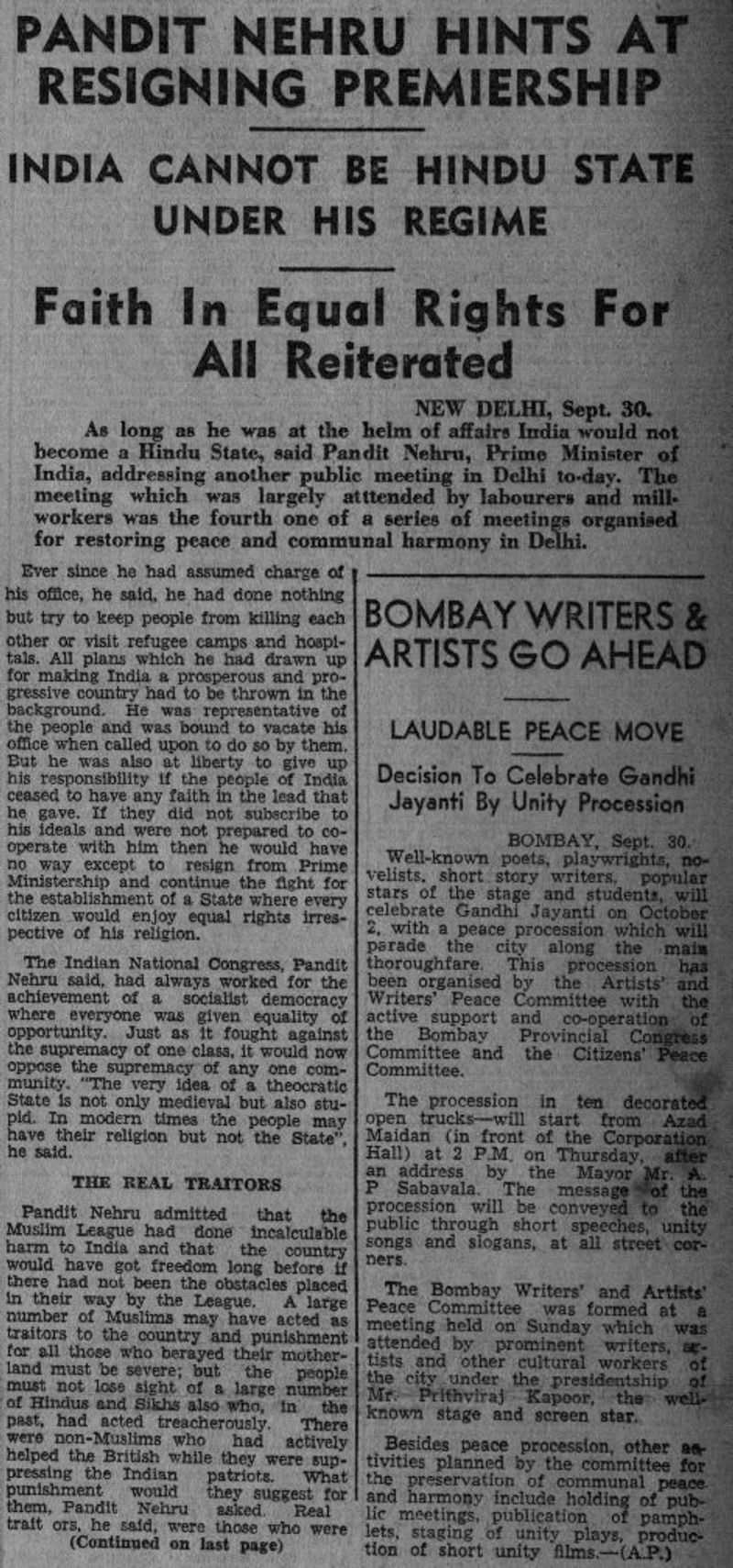 1947 തന്റെ ഭരണത്തിന് കീഴില് ഇന്ത്യ ഹിന്ദു രാഷ്ട്രമാകില്ലെന്ന് പറഞ്ഞ് പണ്ഡിറ്റ് ജവഹർലാൽ നെഹ്റു പ്രധാനമന്ത്രി സ്ഥാനത്ത് നിന്ന് രാജിവച്ചതായി വന്ന പത്രവാര്ത്തയുടെ ചിത്രം. 