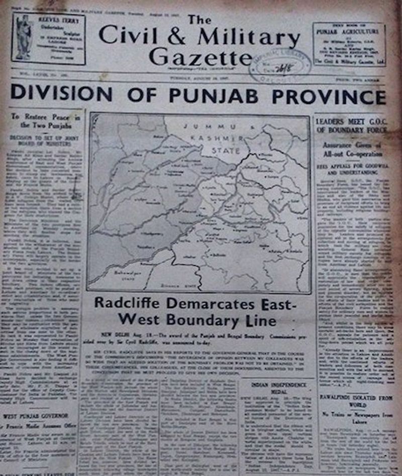 1947 ല് പഞ്ചാബ് പ്രവിശ്യാ വിഭജനം സംബന്ധിച്ച് വന്ന വാര്ത്തയുടെ പത്രക്കട്ടിങ്ങ്. 
