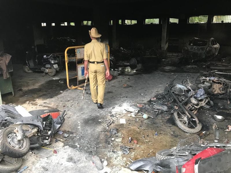 DJ Halli Police station was attacked pelted with stones and torched. The broken window panes, burnt vehicles explain the intensity of the mob