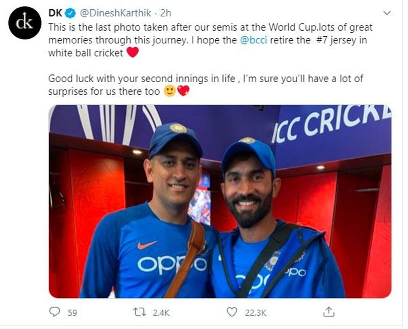 Wicketkeeper-batsman Dinesh Karthik took to Twitter and said he wants the BCCI to retire the No. 7 jersey in white-ball cricket.