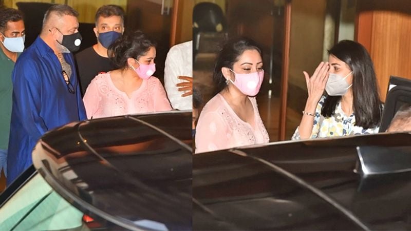 Actor Sanjay Dutt shows a thumbs-up sign as he leaves from his residence for Kokilaben hospital in Mumbai