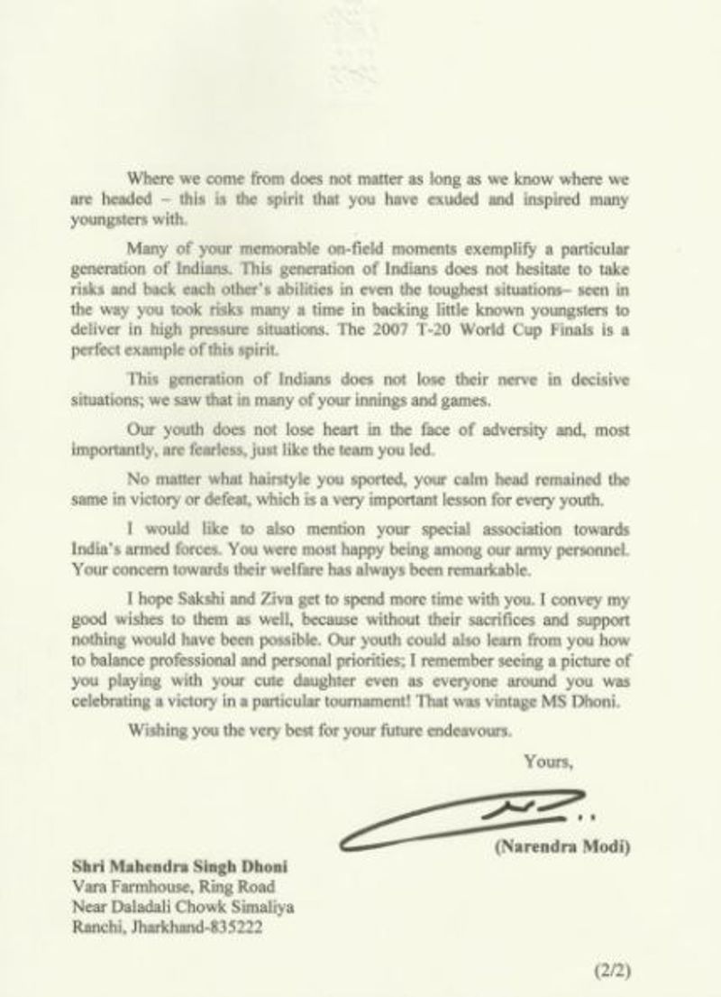 Here is the second page of PM Modi's letter to Dhoni.