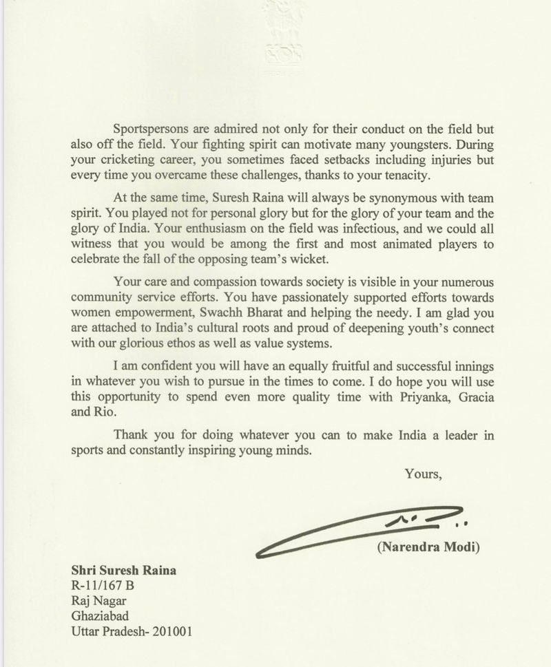 generations will remember you full text pm modi letter suresh raina apc