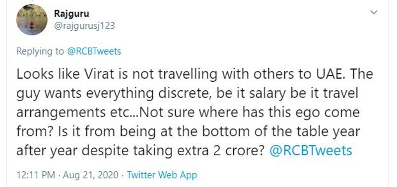 ipl 2020 virat kohli not in rcb dubai flight fans clash twitter compare ms dhoni apc