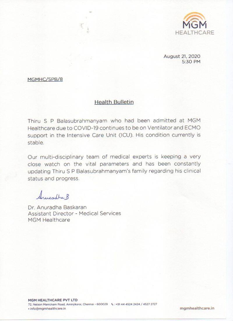 SP Balasubrahmanyam health condition is stable