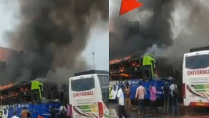 Massive blaze guts three buses at Koyambedu bus stand Massive blaze guts three buses at Koyambedu bus stand
