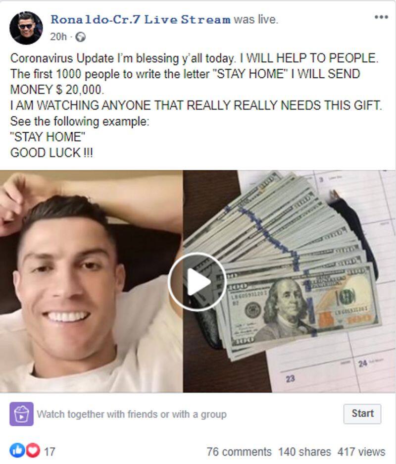 Is it Cristiano Ronaldo offering Facebook users 20000 doller during Covid 19