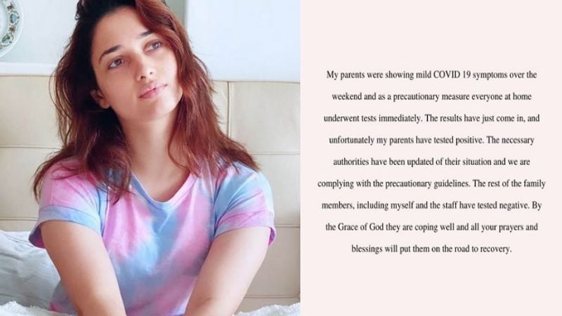 Tamannaah said in a note posted on her Instagram account, "My parents were showing mild COVID 19 symptoms over the weekend and as a precautionary measure everyone at home underwent tests immediately. The results have just come in, and unfortunately my parents have tested positive."