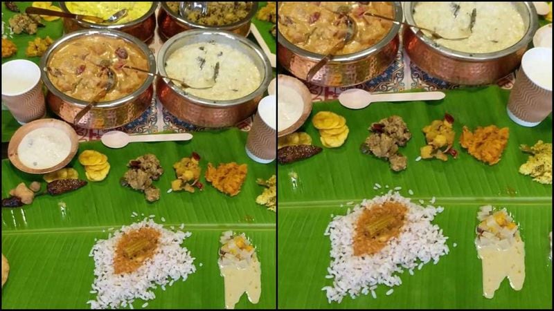 Check out the amazing food display. Onam Sadya includes Avial, erissery, Pulissery, kootu curry, Olan, Sambar, Vellarikka pachadi, Muttaikose thoran, vazhakkai mezhukkupuratti, Matta choru, Nei choru, Sambaram, Injipuli, Naranga achar, Papadum, palada payasam and Ada Pradhaman. As per the tradition, the food was served on a big banana leaf.
