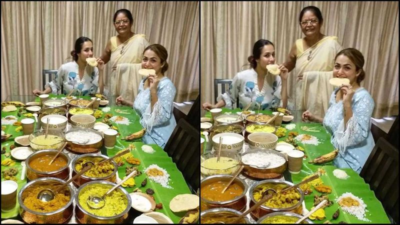 The Arora sisters reunited with the family after five long months due to the coronavirus lockdown to celebrate Onam. Malaika Arora and Amrita Arora took to their Instagram accounts and posted photos with the lovely spread of Onam Sadya (special food made on Onam) and holding papadumi in their hands. Their mom Joyce Arora who cooked amazing Kerala food also posed for the camera.
