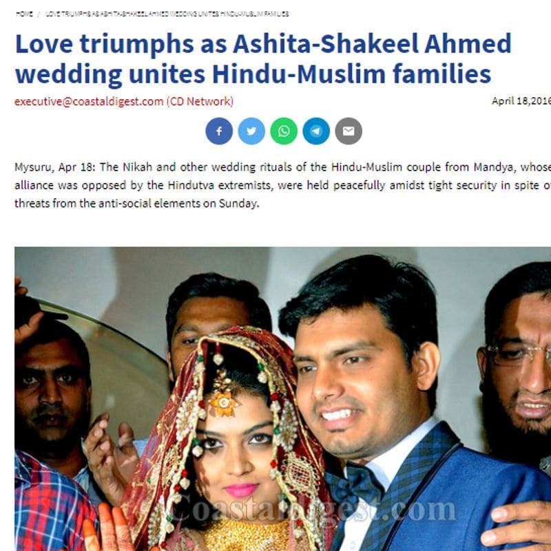 रियलिटी में ये कपल की फोटो थीं। अशिता और शकील की शादी मैसूर में 17 अप्रैल, 2016 को हुई थी। शादी का विरोध होने की वजह से शादी में पुलिस का पहरा भी था। खबरों के मुताबिक, शादी के कुछ दिनों पहले अशिता ने अपना धर्म बदलकर इस्लाम अपना लिया था और उनका नाम शाइस्ता सुल्तान हो गया था। द इंडियन एक्सप्रेस और एनडीटीवी ने भी इस शादी को लेकर खबर की थी। सोशल मीडिया पर ये फोटोज गलत दावे के साथ शेयर की गईं। 
