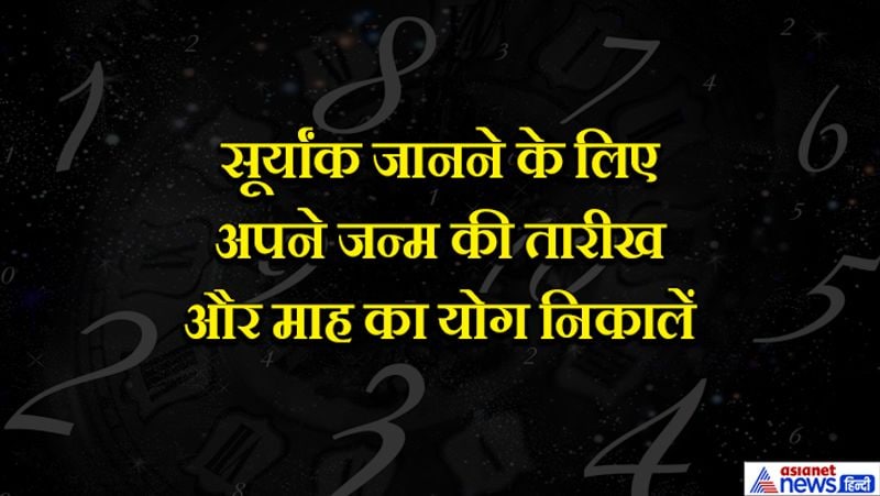 ऐसे पता करें सूर्यांक
अपना सूर्यांक जानने के लिए अपने जन्म की तारीख और माह का योग निकालें। उदाहरण के तौर पर अगर आपका जन्म 23 मई को हुआ है तो आपका सूर्यांक हुआ 23+5 = 28 (2+8= 10 =1) । यानि आपका सूर्यांक हुआ 1। इसी तरह से आप अपना सूर्यांक निकाल सकते हैं। आगे सूर्यांक से जानिए नेचर और फ्यूचर