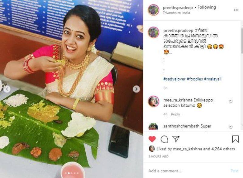 malayalam serial actress preetha pradheep shared her sadhya selection funny images on instagram