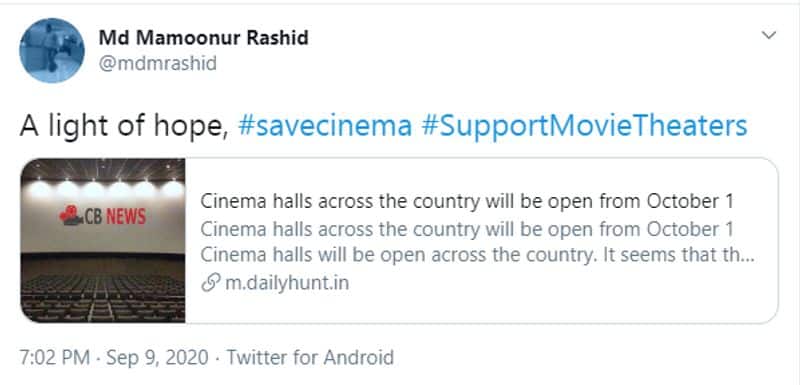 Cinema halls across the country will be open from October 1 is Fake news