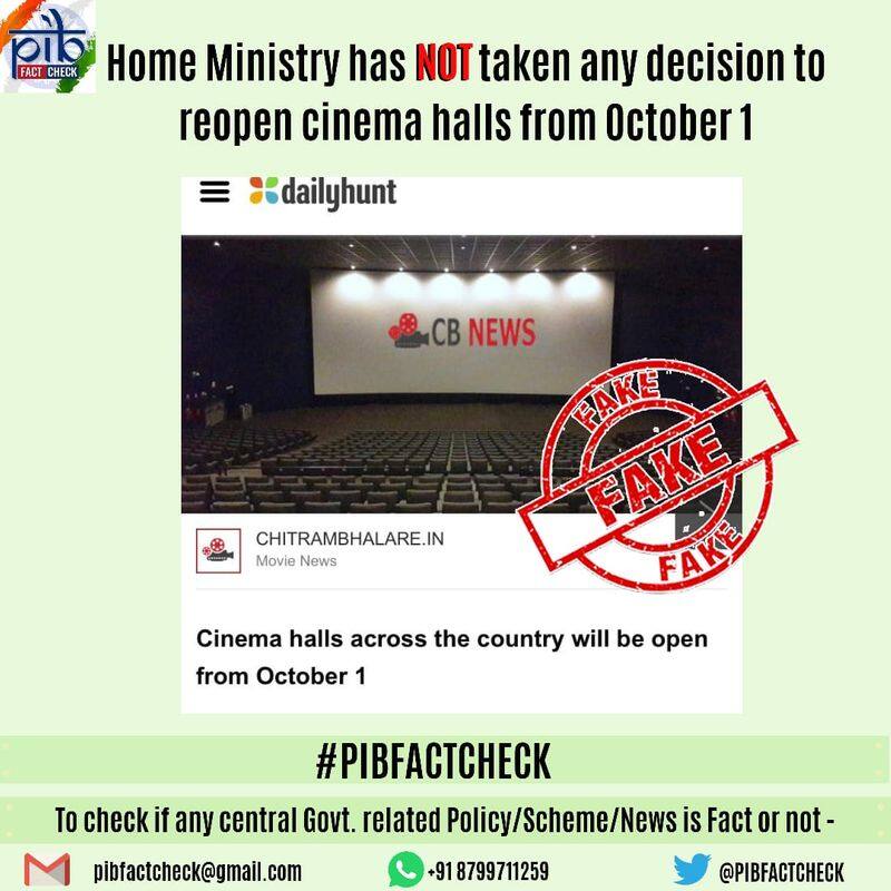 Cinema halls across the country will be open from October 1 is Fake news