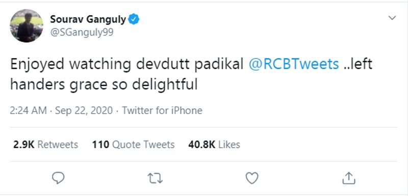 ipl 2020 bcci president sourav ganguly among who praises rcb debutant devdutt padikal