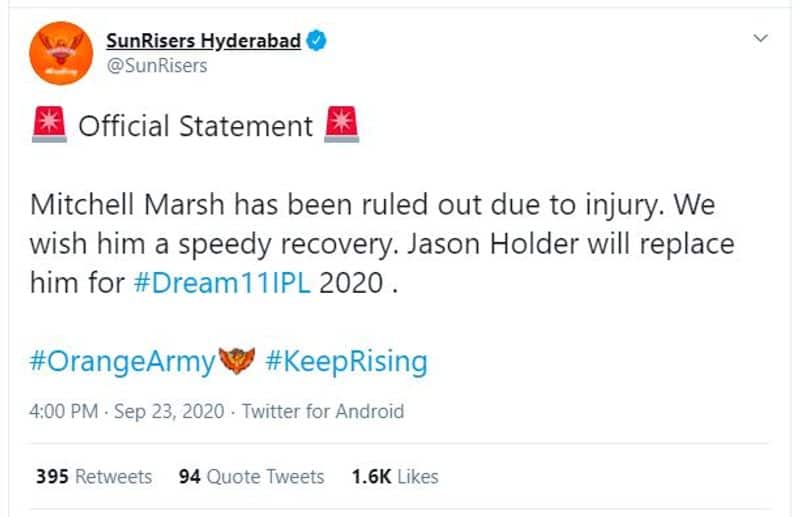 Jason Holder replaces Mitchell Marsh at Sunrisers Hyderabad