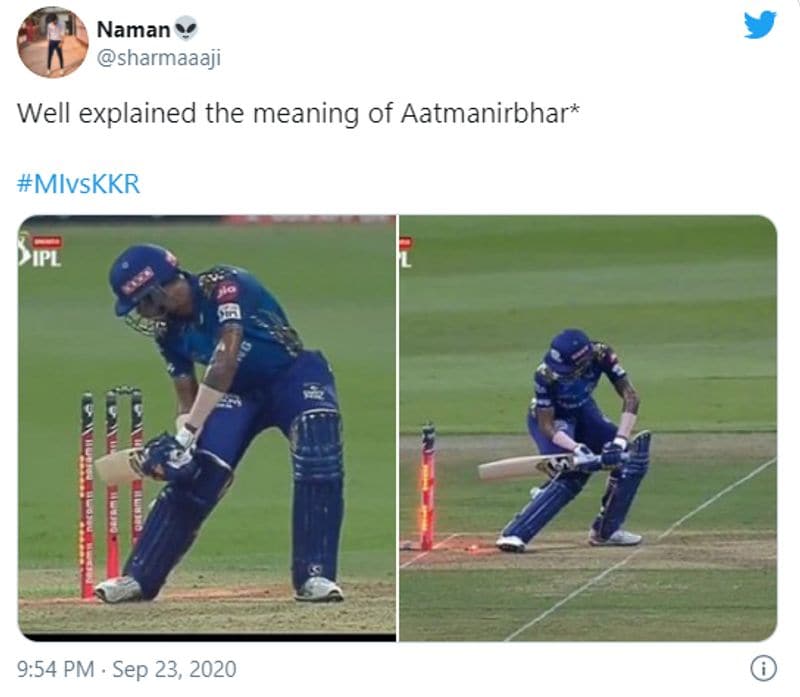 ipl 2020 kkr vs mi hardik pandya gets hit wicket twitter reactions