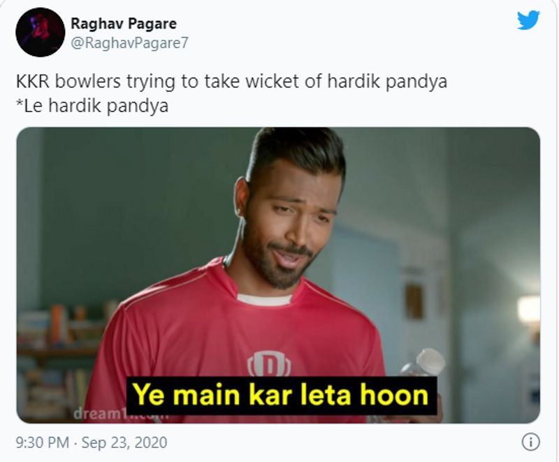 ipl 2020 kkr vs mi hardik pandya gets hit wicket twitter reactions