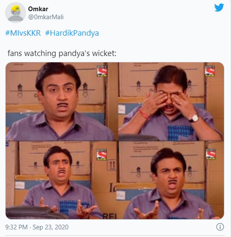 ipl 2020 kkr vs mi hardik pandya gets hit wicket twitter reactions