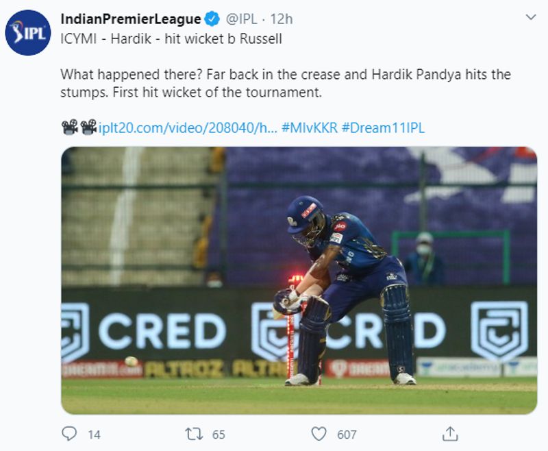 ipl 2020 kkr vs mi hardik pandya gets hit wicket twitter reactions