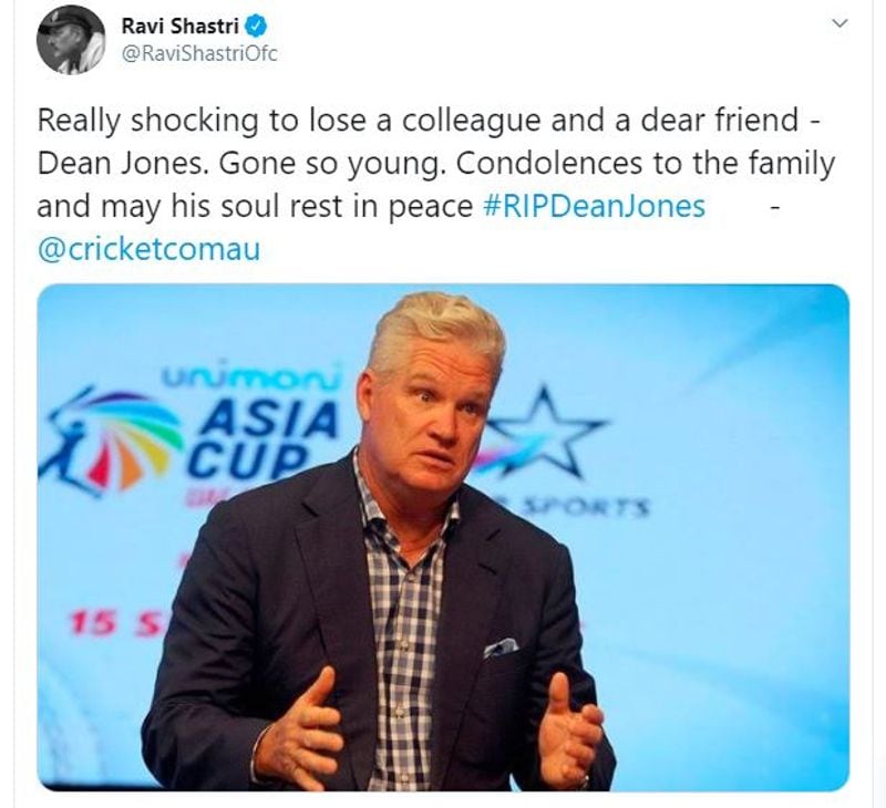 Ravi Shastri: "Really shocking to lose a colleague and a dear friend - Dean Jones. Gone so young. Condolences to the family and may his soul rest in peace #RIPDeanJones -
@cricketcomau"