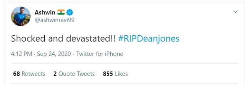 R Ashwin: "Shocked and devastated!! #RIPDeanjones"