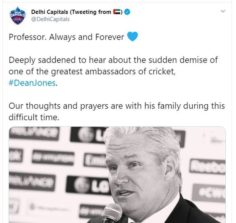 Delhi Capitals: "Professor. Always and Forever Deeply saddened to hear about the sudden demise of one of the greatest ambassadors of cricket, #DeanJones. Our thoughts and prayers are with his family during this difficult time."