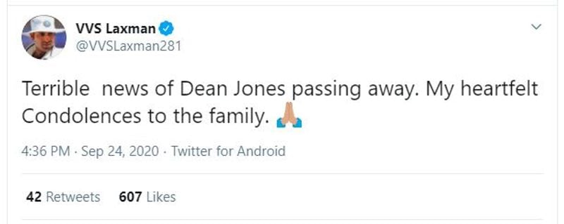 VVS Laxman: "Terrible news of Dean Jones passing away. My heartfelt Condolences to the family."