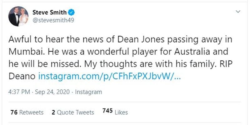 Steve Smith: "Awful to hear the news of Dean Jones passing away in Mumbai. He was a wonderful player for Australia and he will be missed. My thoughts are with his family. RIP Deano"