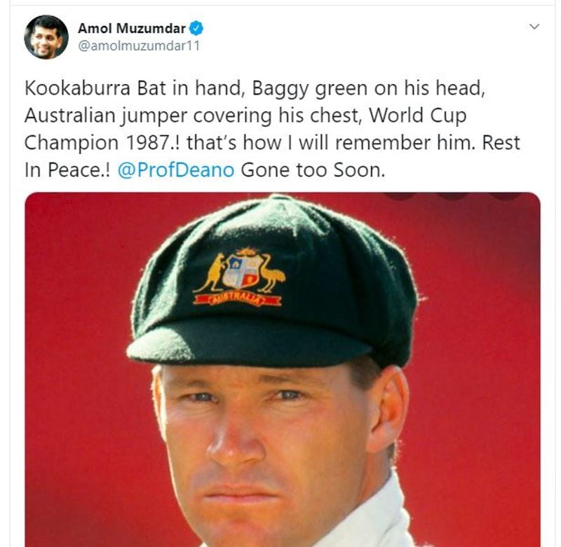 Amol Muzumdar: "Kookaburra Bat in hand, Baggy green on his head, Australian jumper covering his chest, World Cup Champion 1987.! that’s how I will remember him. Rest In Peace.! @ProfDeano Gone too Soon."