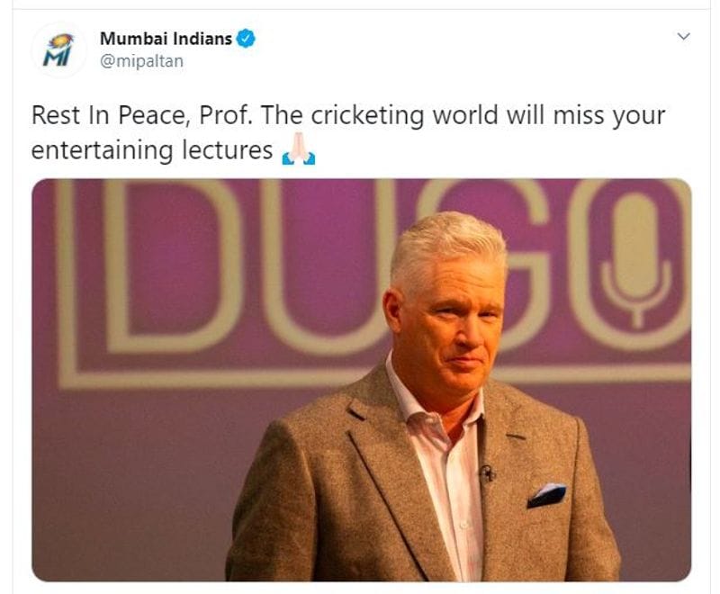 Mumbai Indians: "Rest In Peace, Prof. The cricketing world will miss your entertaining lectures"