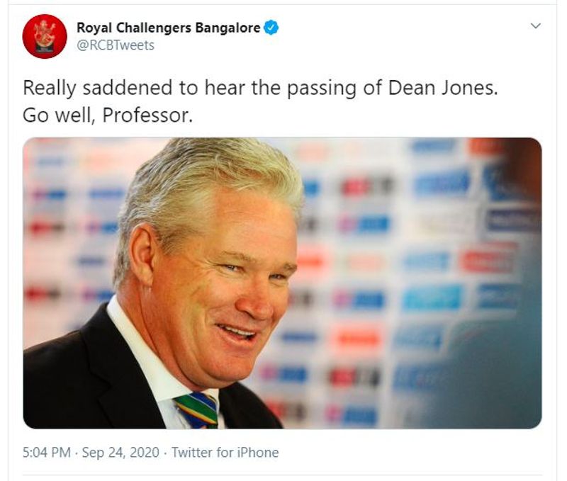 Royal Challengers Bangalore: "Really saddened to hear the passing of Dean Jones. Go well, Professor."