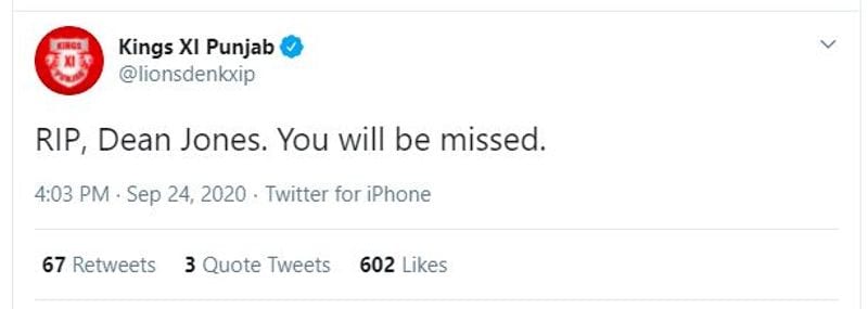 Kings XI Punjab: "RIP, Dean Jones. You will be missed."