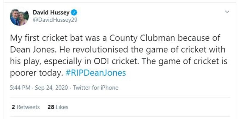 David Hussey: "My first cricket bat was a County Clubman because of Dean Jones. He revolutionised the game of cricket with his play, especially in ODI cricket. The game of cricket is poorer today. #RIPDeanJones"
