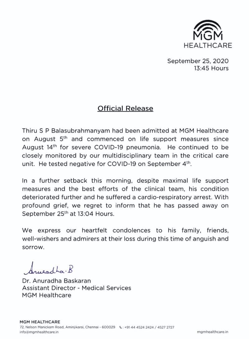 Today SP Balasubrahmanyam Affeted Cardio Arrest Hospital Release shocking Statement