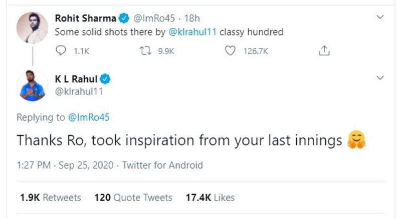 “Thanks Ro, took inspiration from your last innings (sic),” Rahul tweeted. After the match, the Karnataka batsman had said, “As a leader it's important to lead from the front. It's a complete team performance, really happy. I told Maxi (Glenn Maxwell) that I am not feeling completely in control of my batting, he said, ‘you must be joking, you are hitting really well’.”